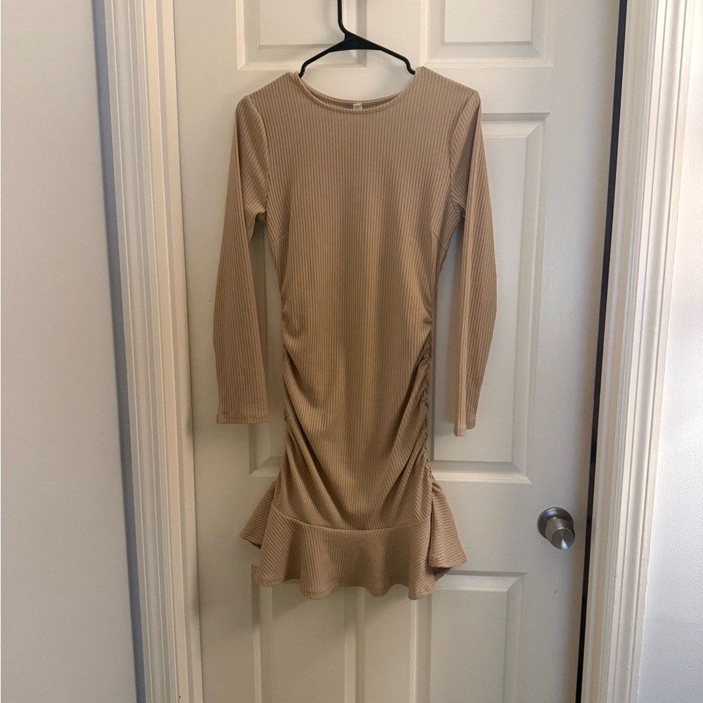 Beiyin Tan Ribbed Long Sleeve Dress